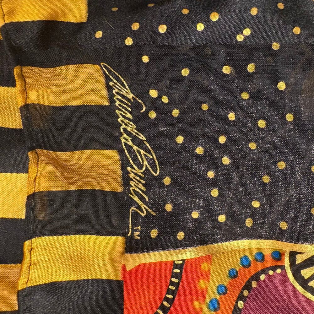 Laurel Burch Silk Scarf Cat Face Floral Art Black Gold Boho Square Scarf - Picture 2 of 3